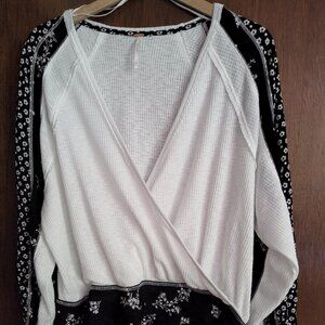 Free People white/ cream and black faux Wrap Top  Size M